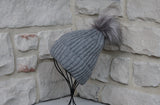 Ribbed Beanie with Removable Pom - GREY