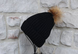 Ribbed Beanie with Removable Pom - BLACK